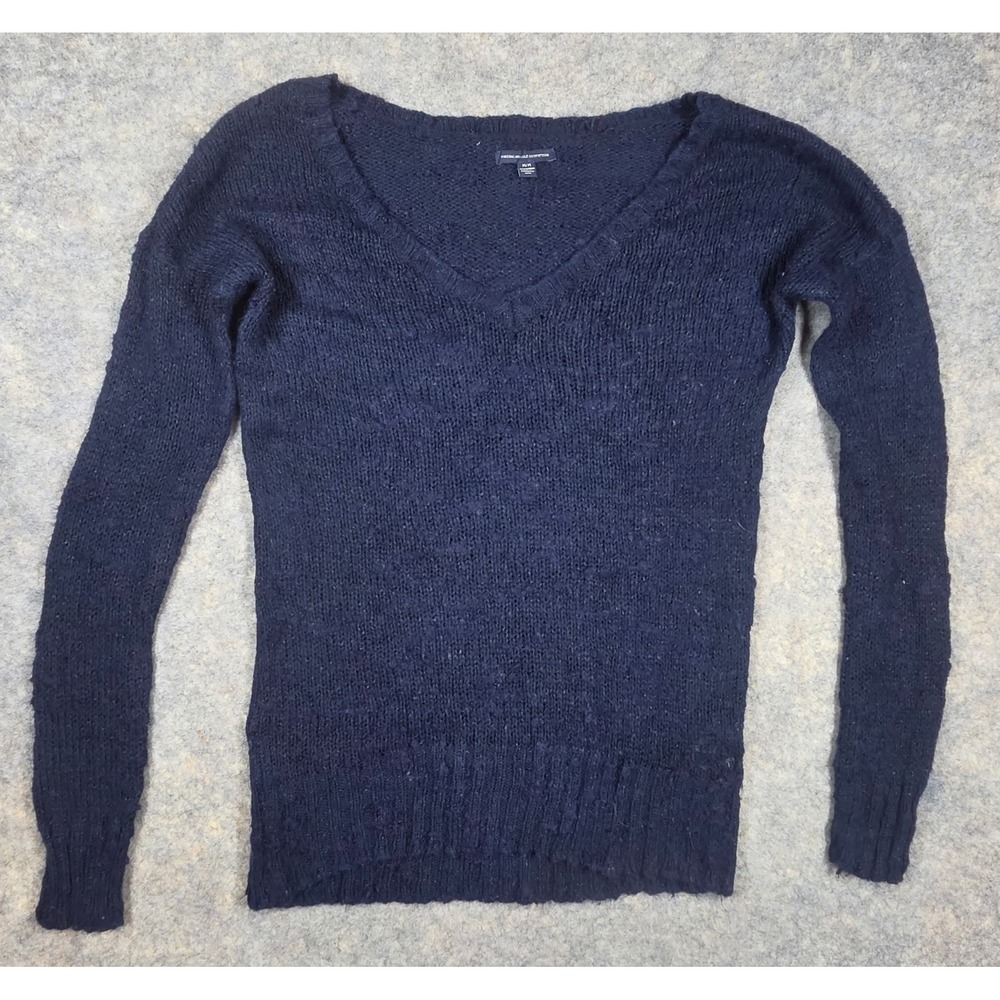 American Eagle Outfitters Navy Blue V-Neck Knit Sweater Womens Medium Wool Blend